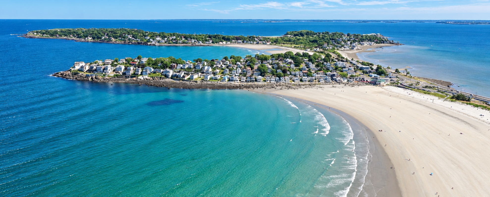 Aerial view of Nahant peninsula, the beach, and surrounding coastline