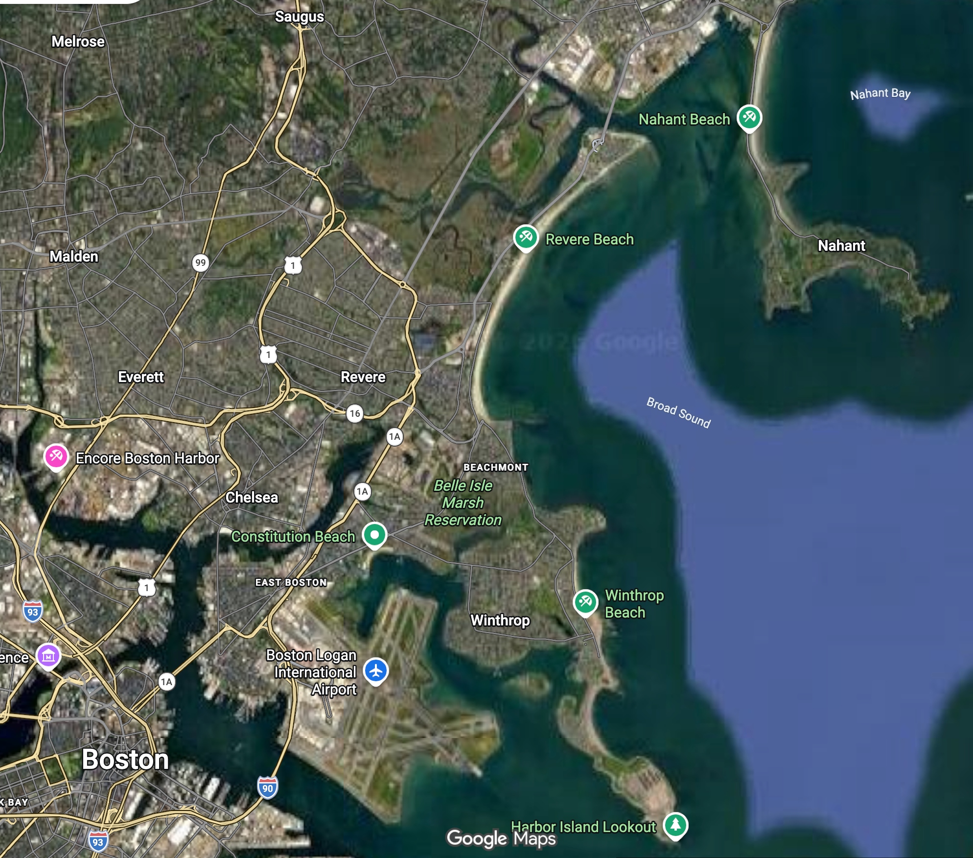 Regional Google Maps view showing Nahant northeast of Boston across the water