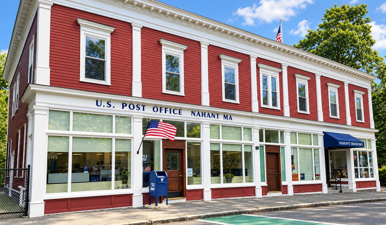 Nahant’s red and white post office on a sunny day