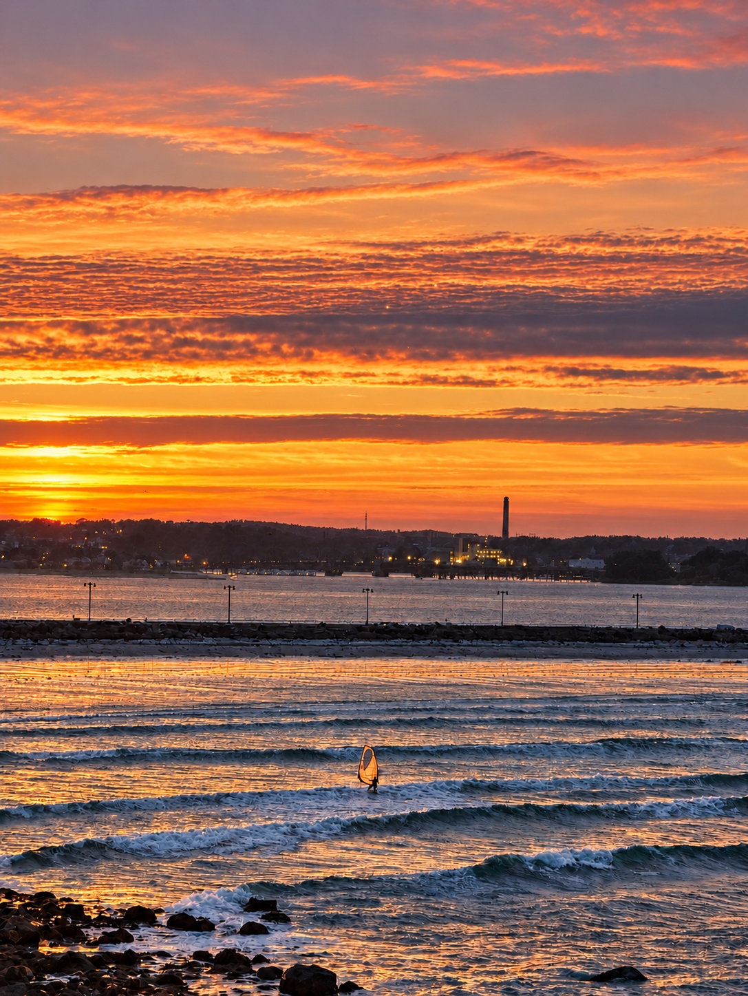 Warm sunset over the water with a windsurfer and distant city skyline