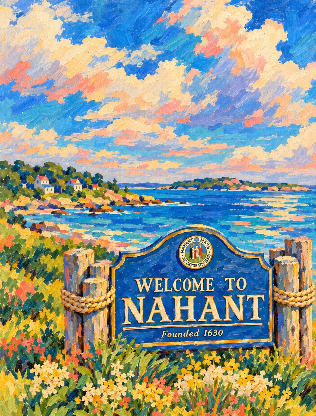 Oil-painted illustration of Nahant’s welcome sign beneath a colorful coastal sky