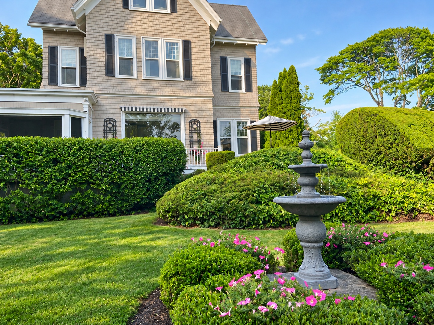Garden fountain surrounded by flowers, lawns, and mature planting