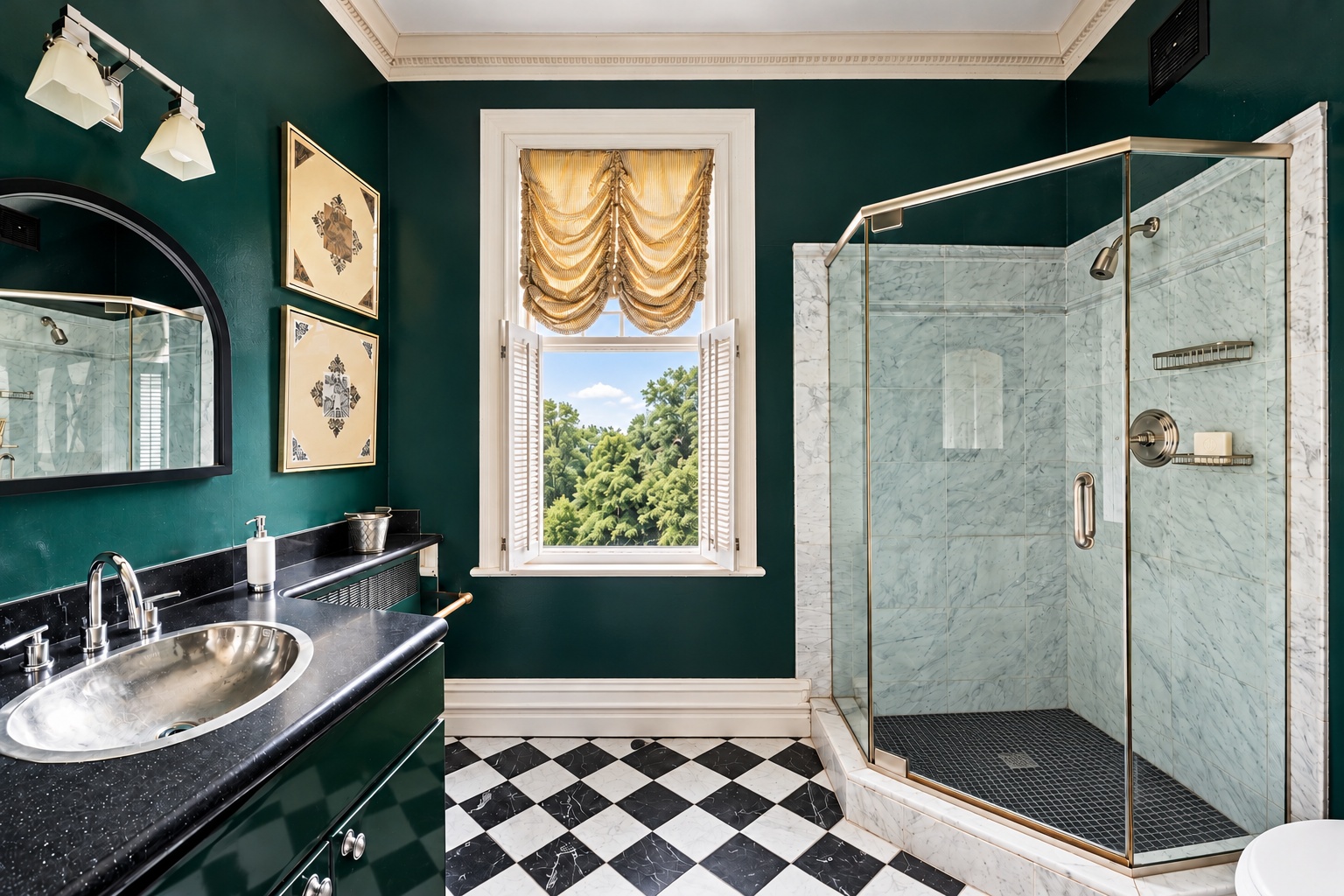 Guest bathroom with a glass shower, dark green walls, and checkered floor