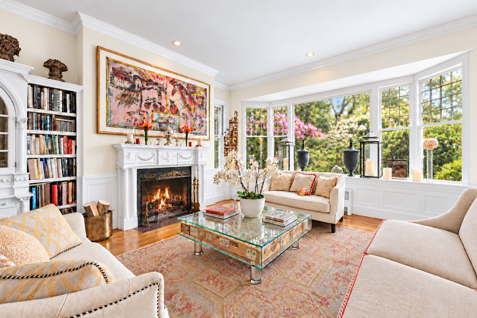 Sunlit living room with a carved fireplace, bookshelves, and colorful artwork