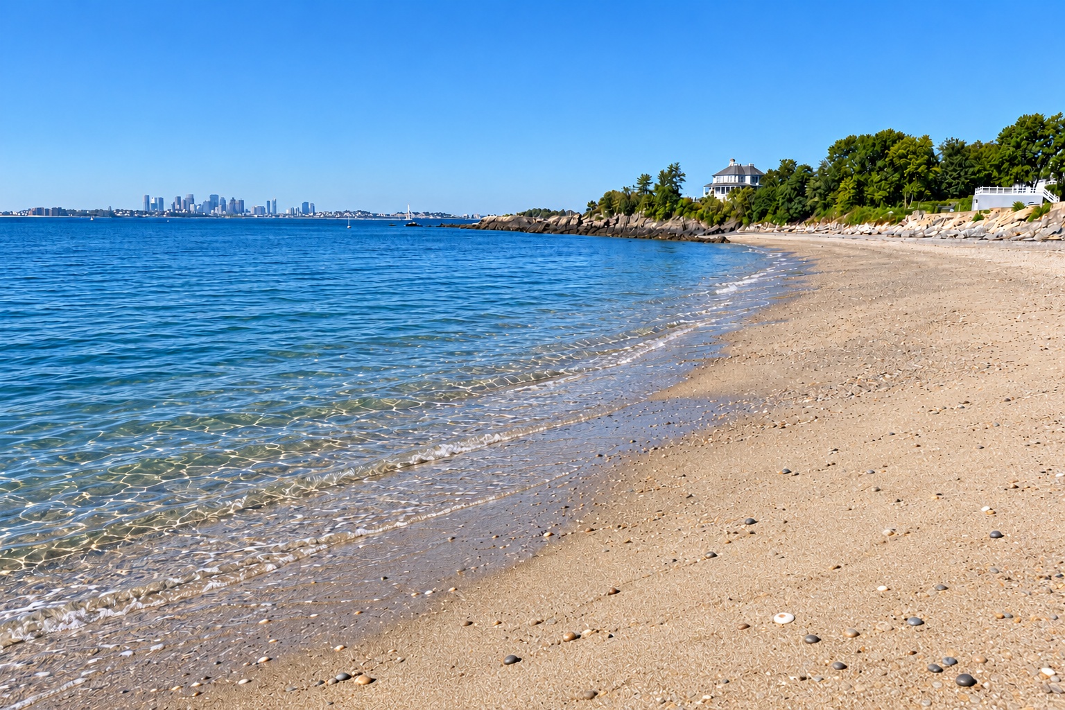 The shared private sandy beach curving beside clear water, with Boston’s skyline across the harbor