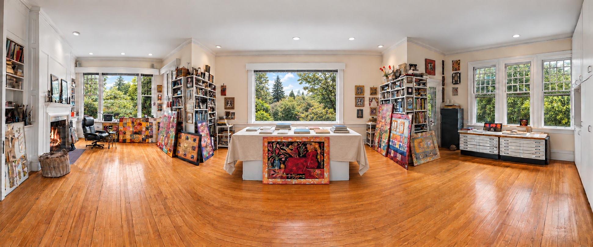 Stitched panorama of the artist’s studio, showing bookshelves, artwork, and the garden-facing window
