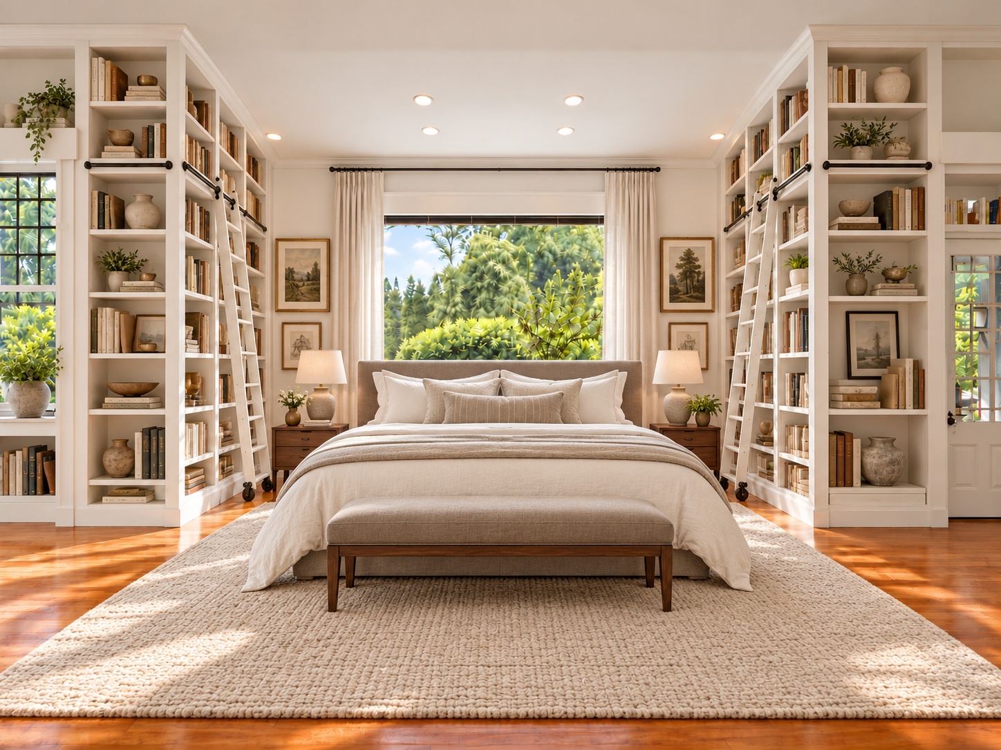 AI-generated concept visualization of the studio as a principal bedroom, with a bed framed by bookshelves and the garden-facing window