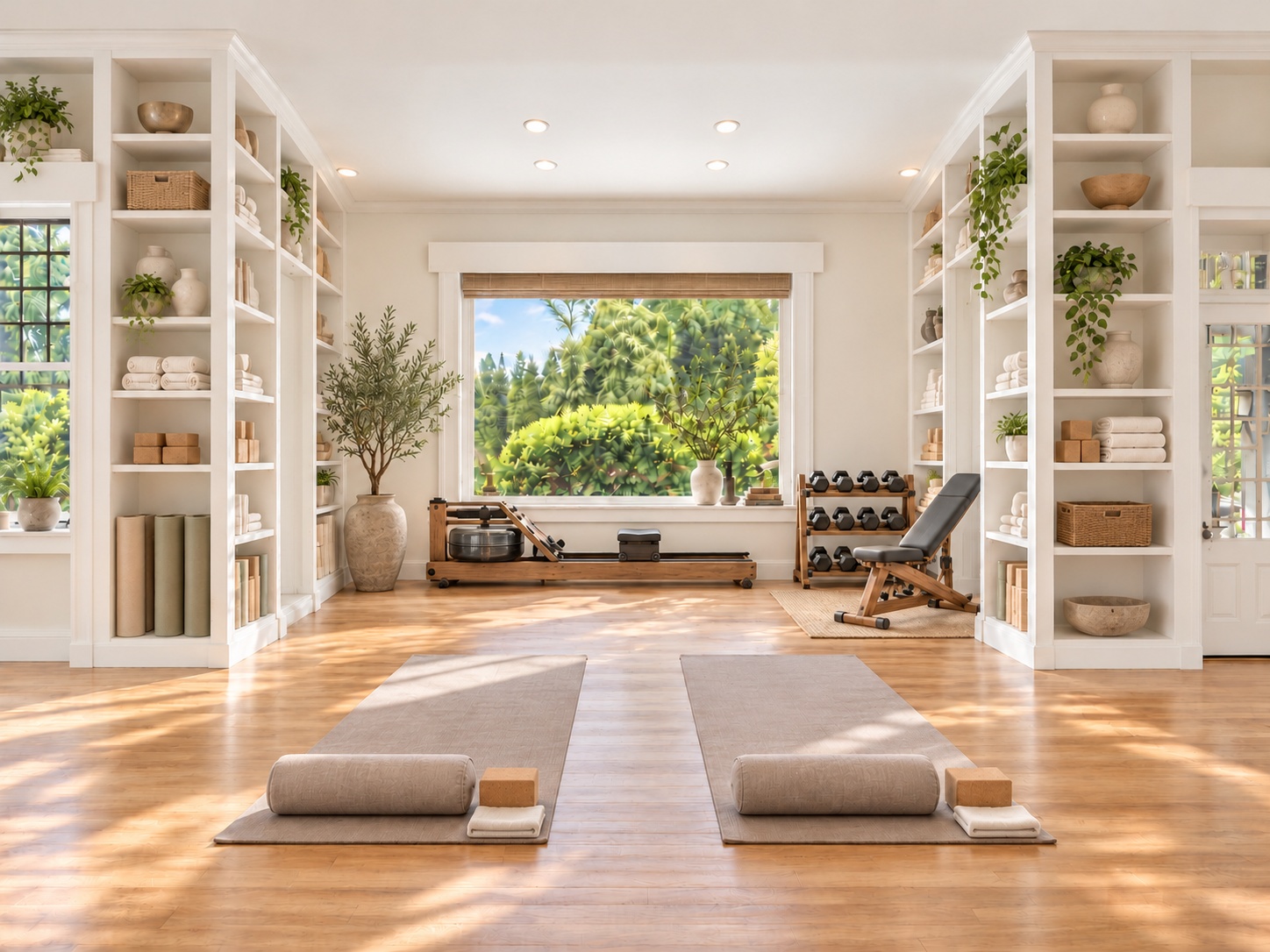 AI-generated concept visualization of the studio as a bright wellness room with yoga mats, a rowing machine, and weights