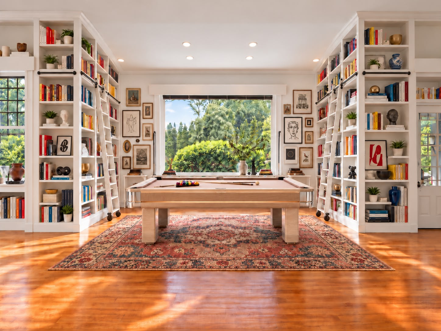 AI-generated concept visualization of the studio with white bookshelves, a billiards table, and a rug